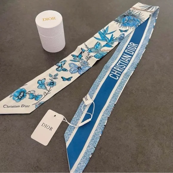 Dior Blue & White Floral and Stripe Silk Twilly Scarf - Picture 1 of 5